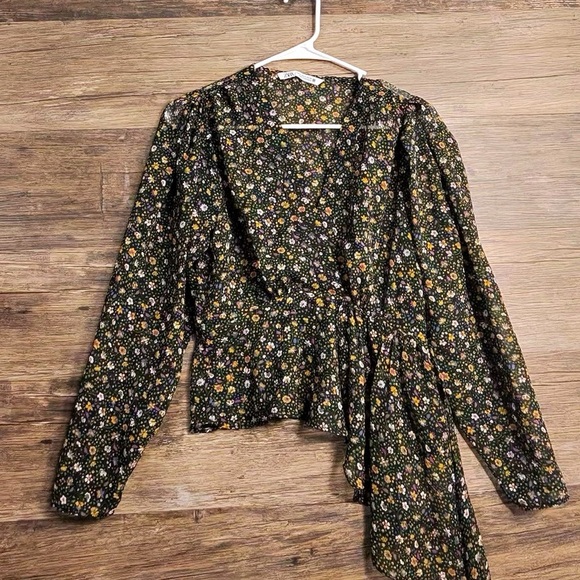 Zara Tops - Zara Floral Wrap Blouse - Black and Multicolor